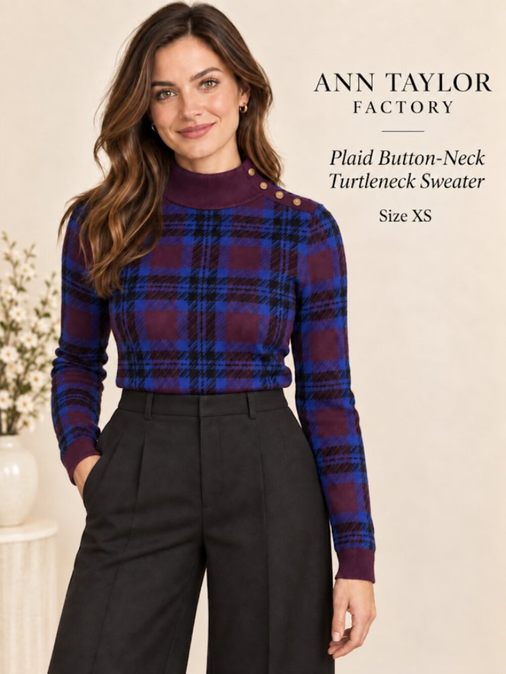 Ann Taylor Plaid Button-Neck Turtleneck Sweater – Size XS